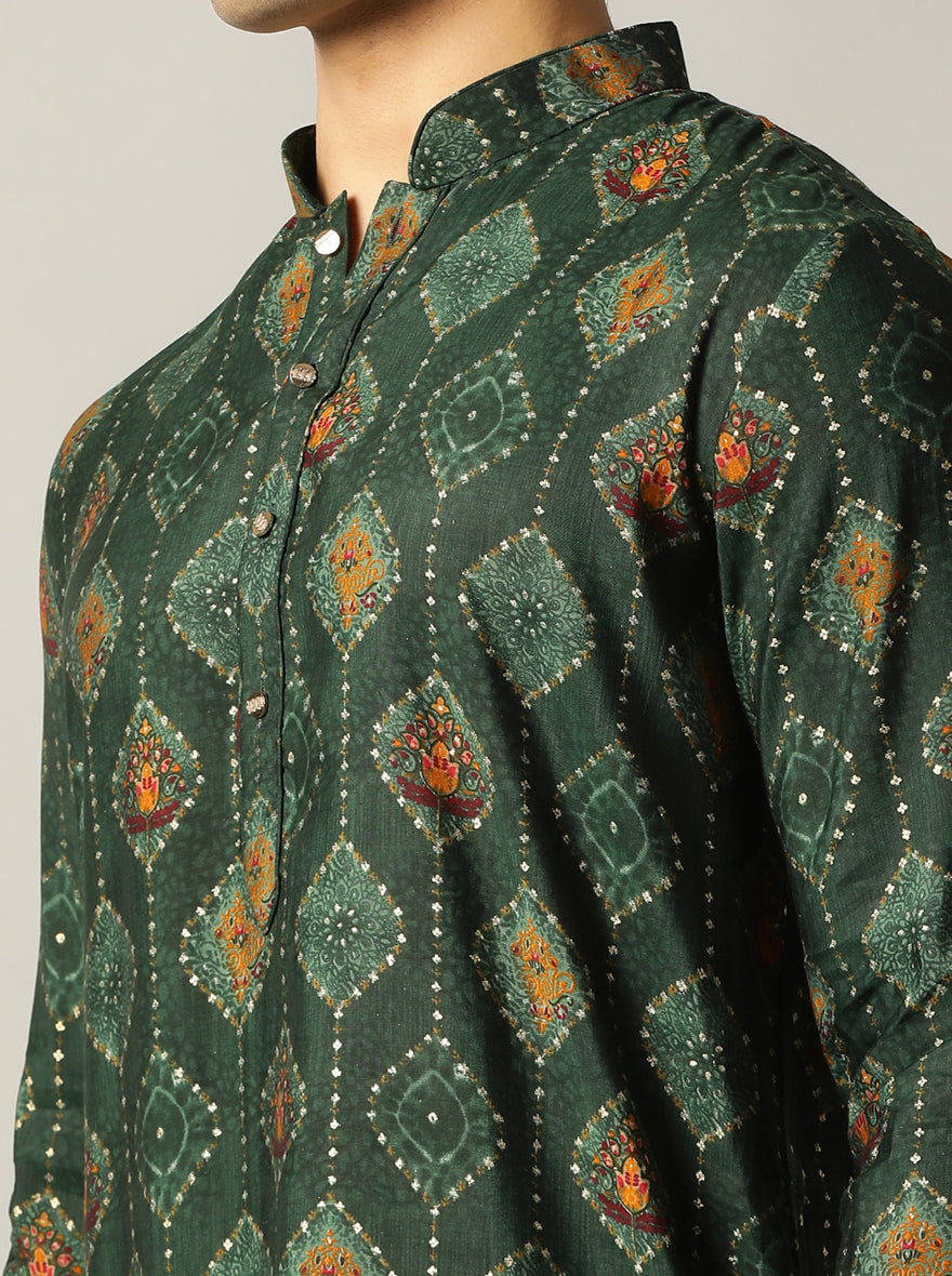 Bottle Green Printed Kurta | The Kurta Company