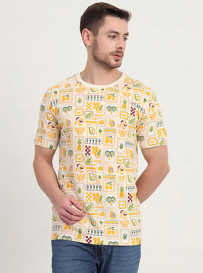 Cream & Blue Printed Slim Fit T-Shirt | JadeBlue