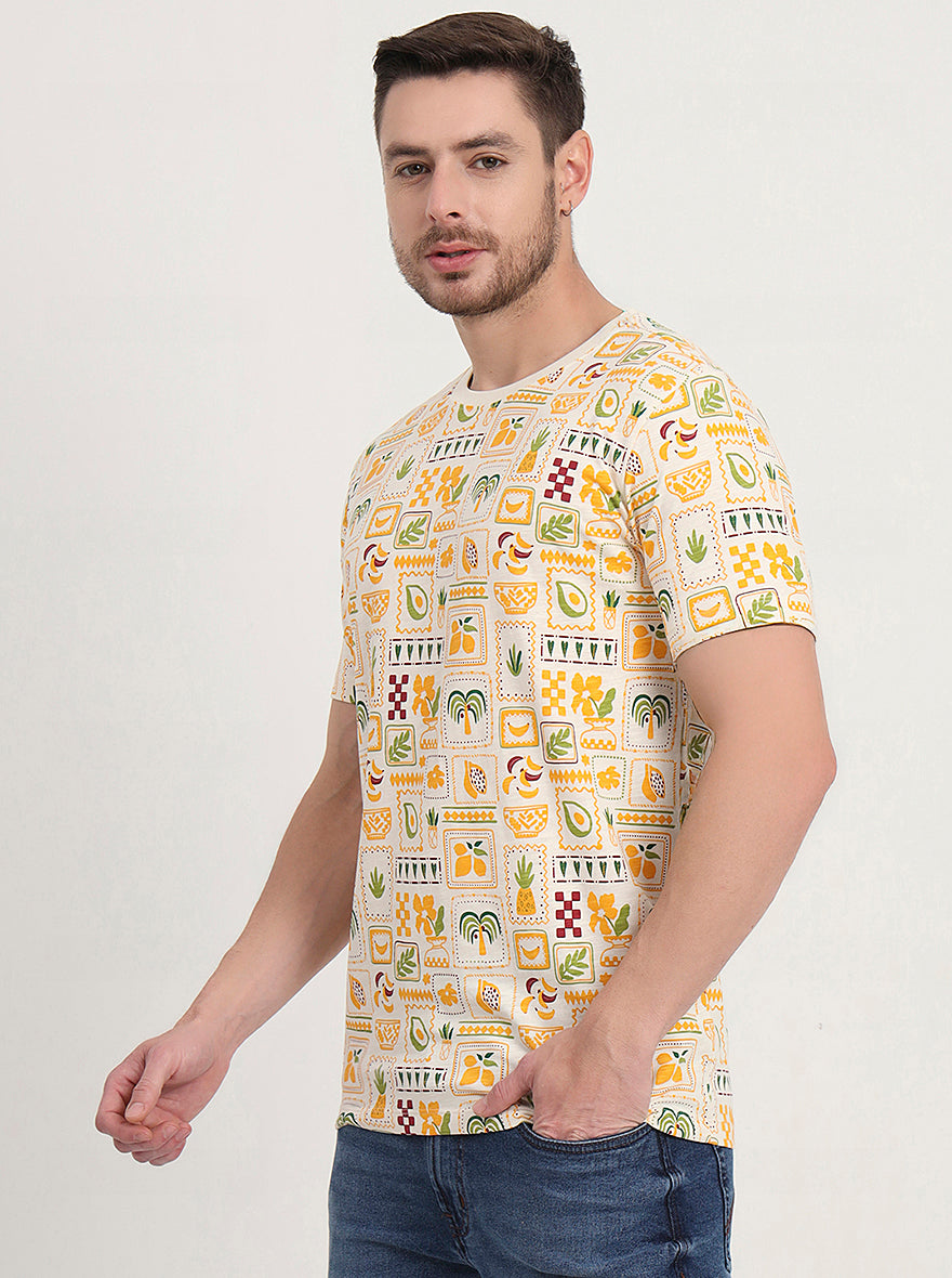 Cream & Blue Printed Slim Fit T-Shirt | JadeBlue