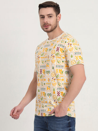 Cream & Blue Printed Slim Fit T-Shirt | JadeBlue