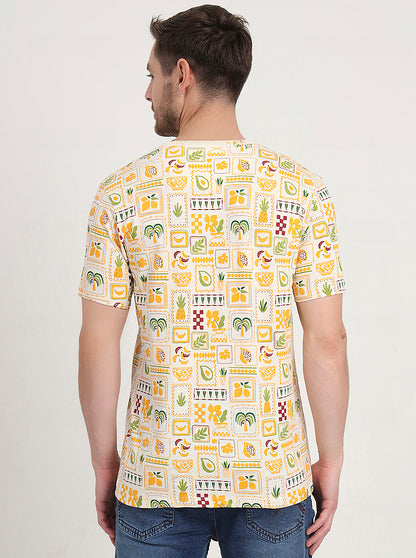 Cream & Blue Printed Slim Fit T-Shirt | JadeBlue