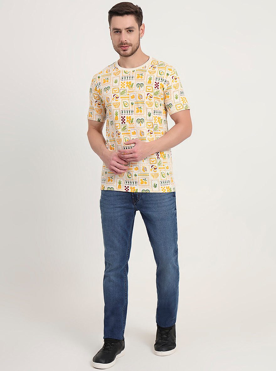 Cream & Blue Printed Slim Fit T-Shirt | JadeBlue