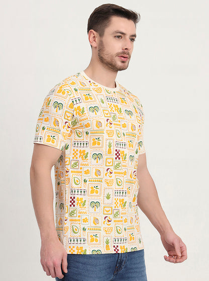 Cream & Blue Printed Slim Fit T-Shirt | JadeBlue