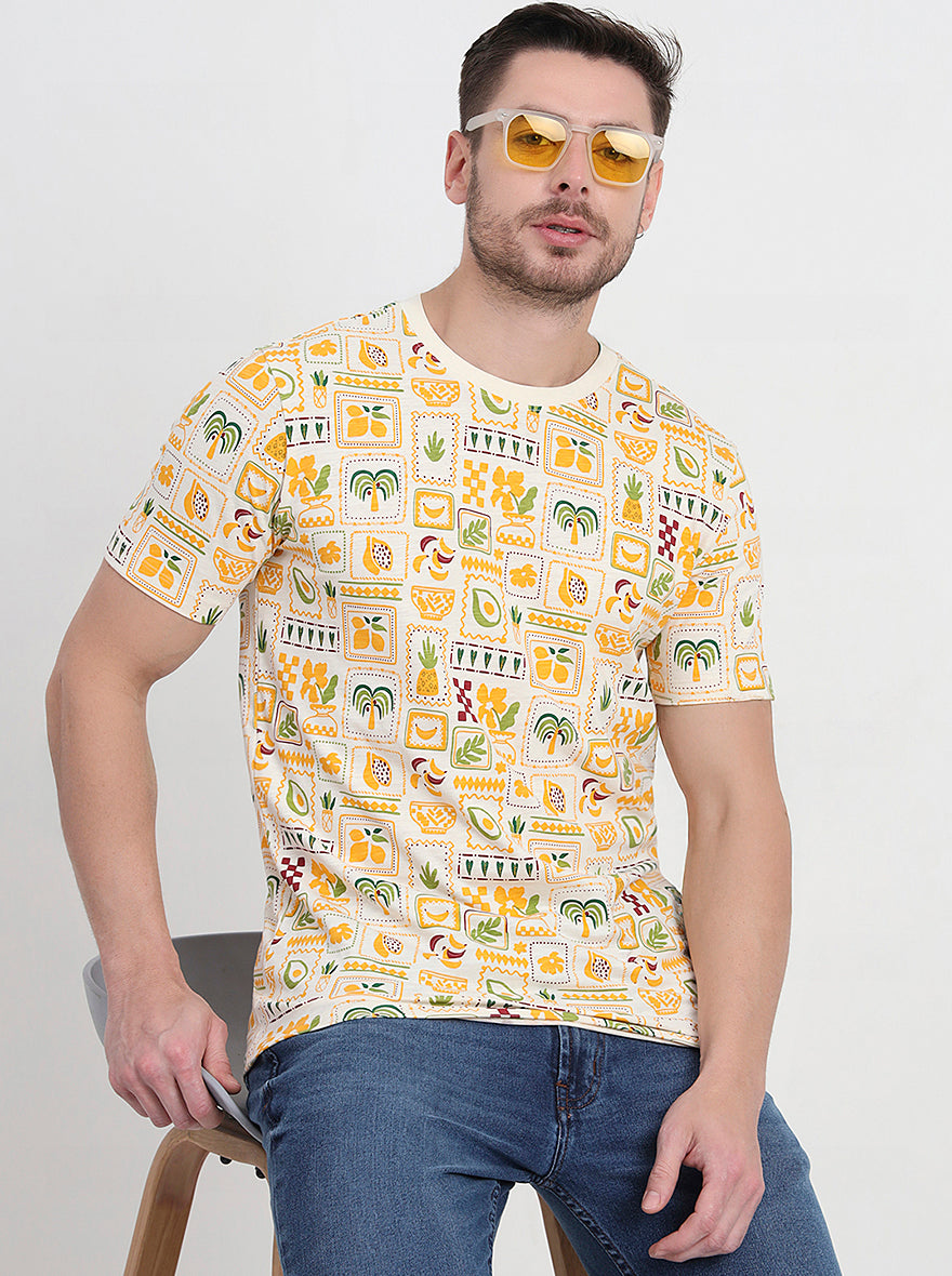 Cream & Blue Printed Slim Fit T-Shirt | JadeBlue