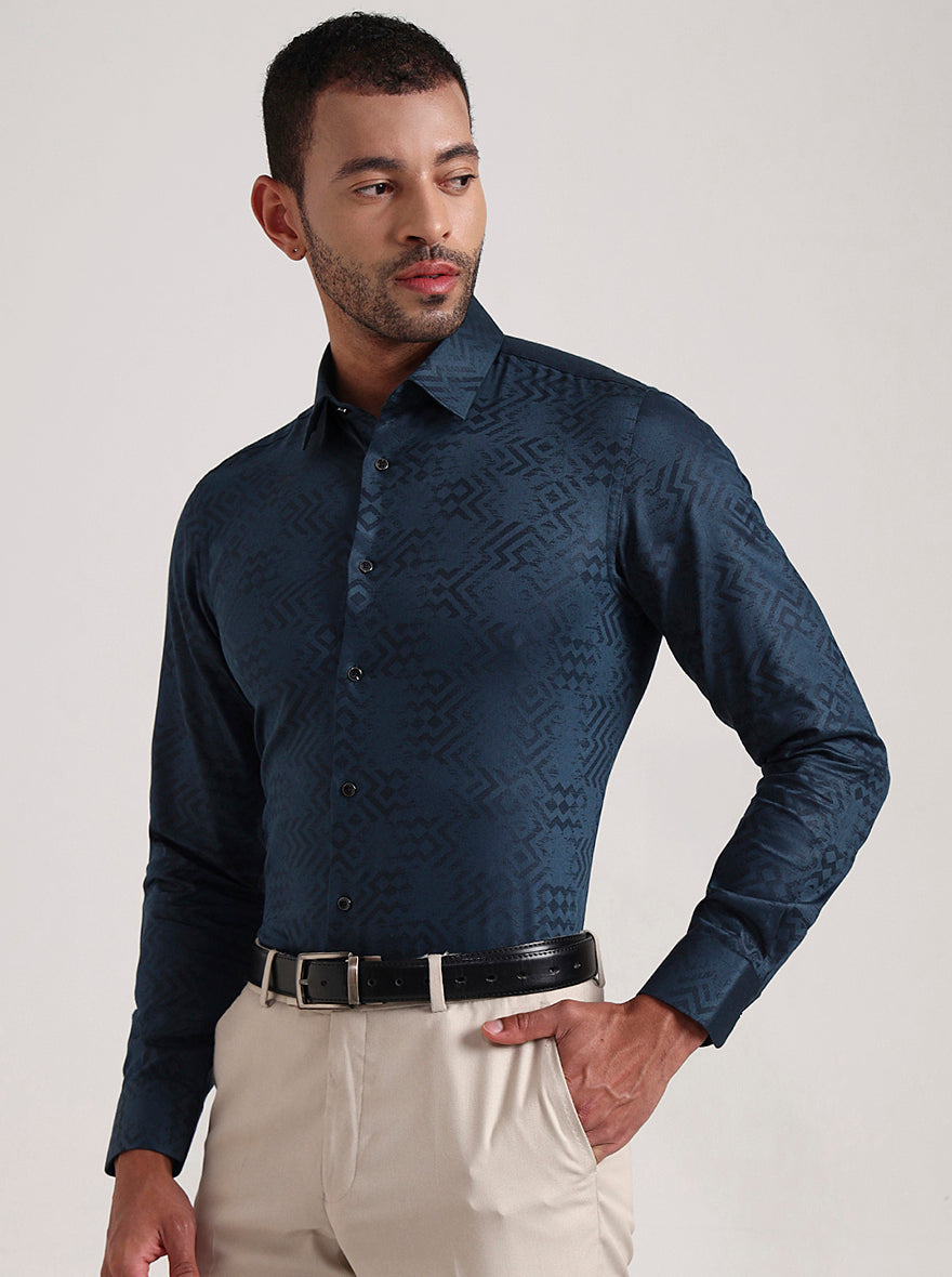 Teal Blue Printed Slim Fit Party Wear Shirt | Wyre