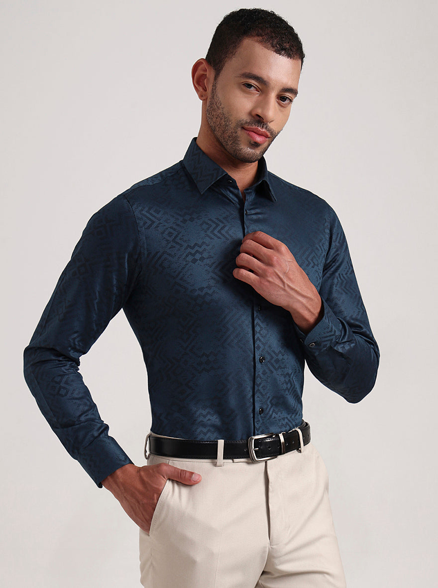 Teal Blue Printed Slim Fit Party Wear Shirt | Wyre