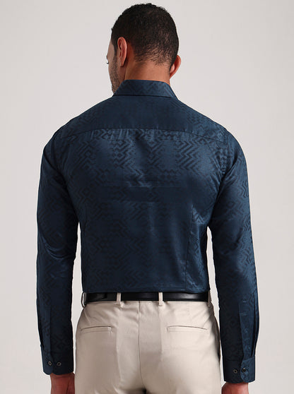 Teal Blue Printed Slim Fit Party Wear Shirt | Wyre