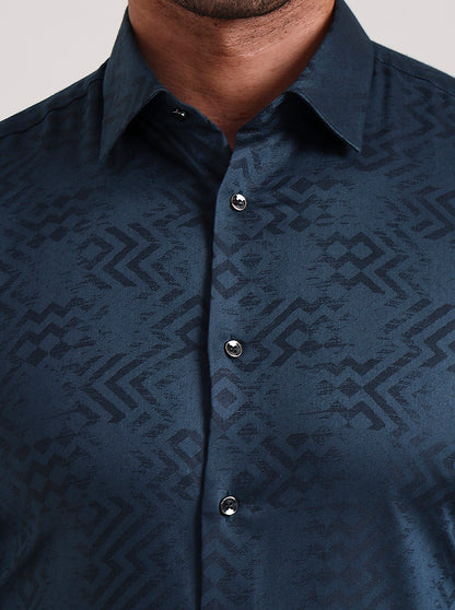 Teal Blue Printed Slim Fit Party Wear Shirt | Wyre