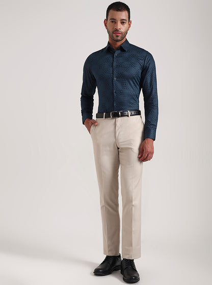 Teal Blue Printed Slim Fit Party Wear Shirt | Wyre