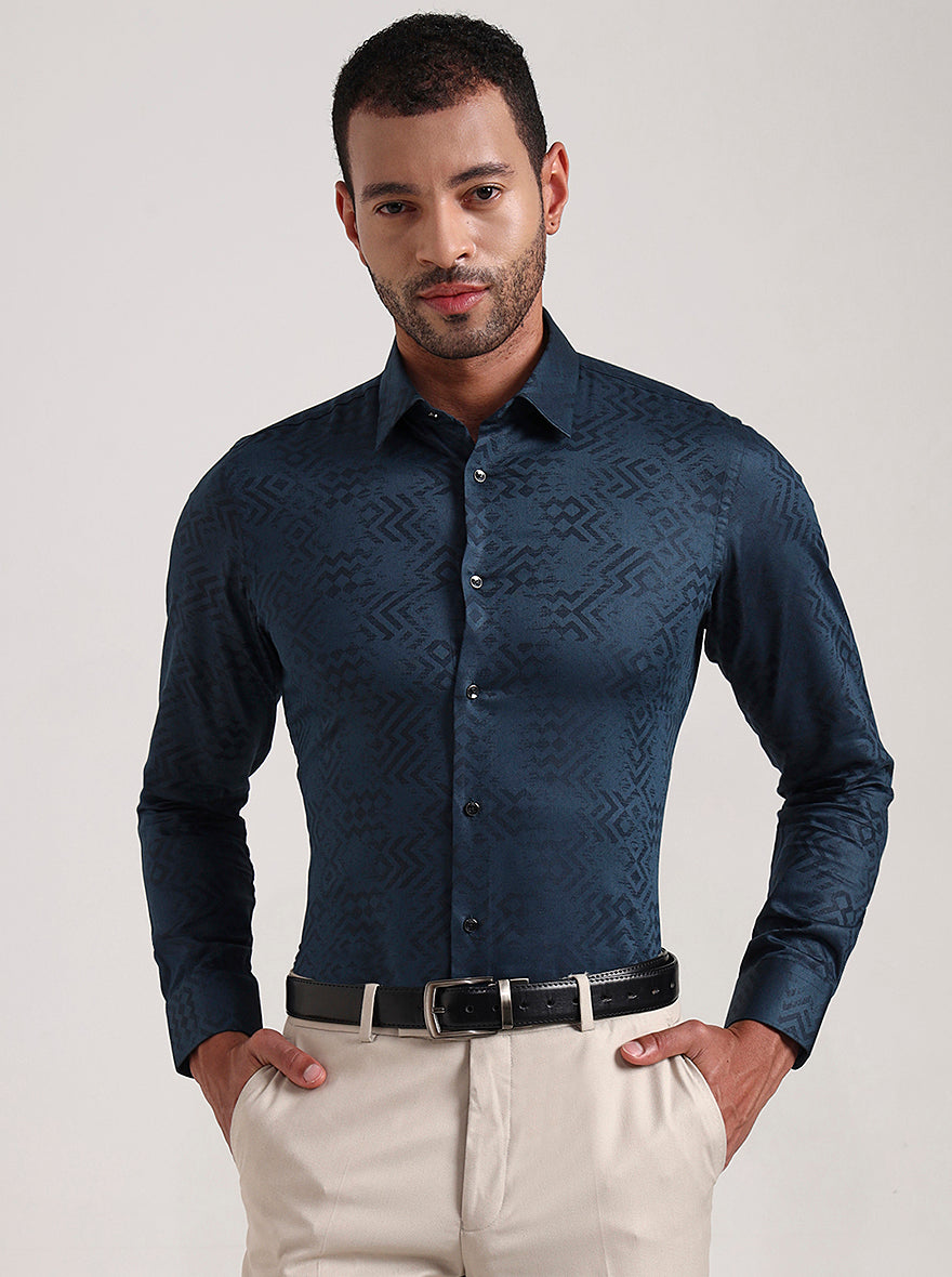 Teal Blue Printed Slim Fit Party Wear Shirt | Wyre