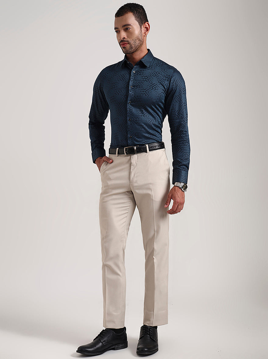 Teal Blue Printed Slim Fit Party Wear Shirt | Wyre