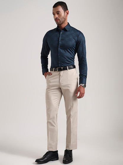 Teal Blue Printed Slim Fit Party Wear Shirt | Wyre