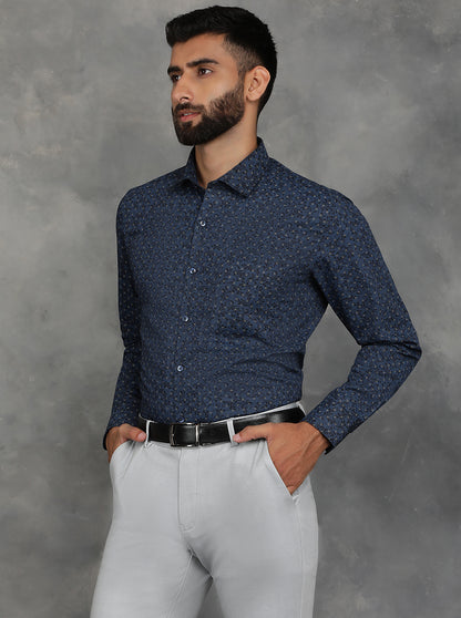 Navy Blue Printed Slim Fit Formal Shirt | GreenFibre