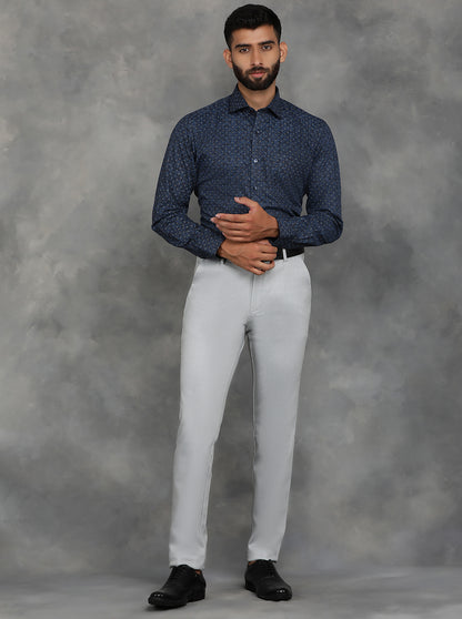 Navy Blue Printed Slim Fit Formal Shirt | GreenFibre