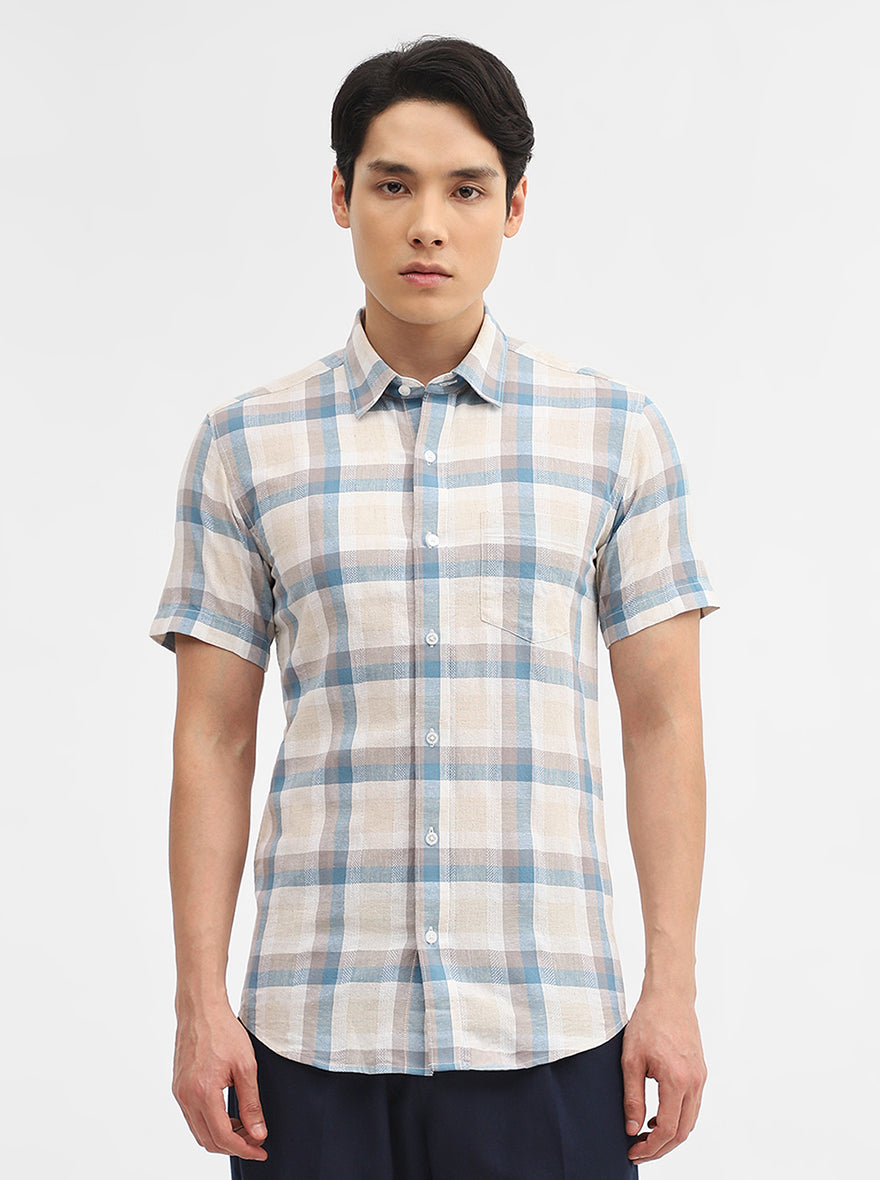 Teal & Beige Checked Slim Fit Casual Shirt | JadeBlue