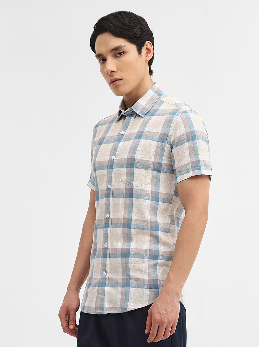 Teal & Beige Checked Slim Fit Casual Shirt | JadeBlue