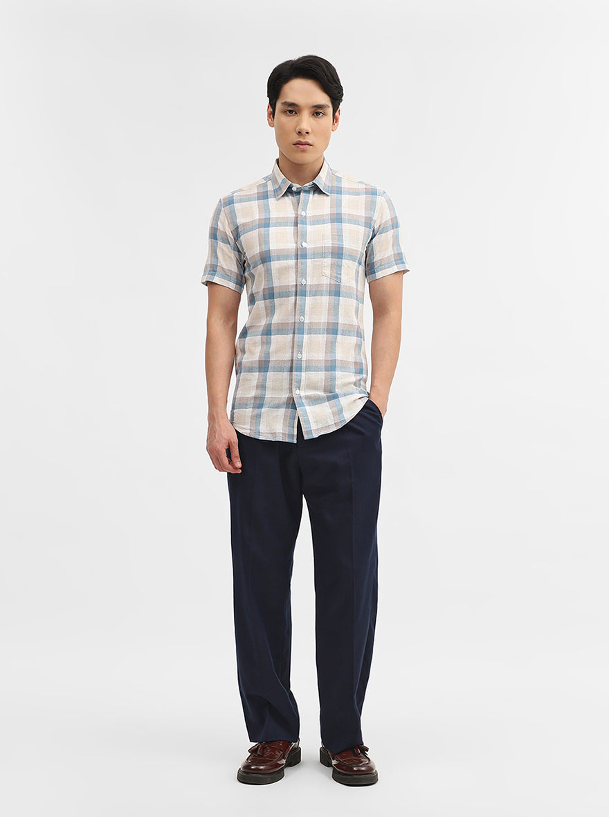 Teal & Beige Checked Slim Fit Casual Shirt | JadeBlue