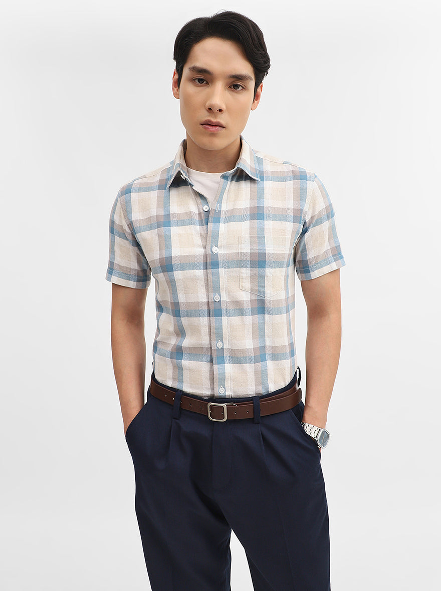 Teal & Beige Checked Slim Fit Casual Shirt | JadeBlue