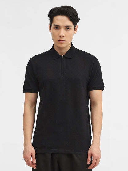 Black Jacquard Slim Fit Polo T-Shirt | JadeBlue