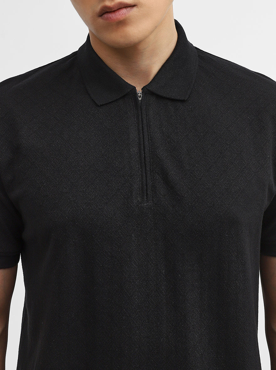 Black Jacquard Slim Fit Polo T-Shirt | JadeBlue
