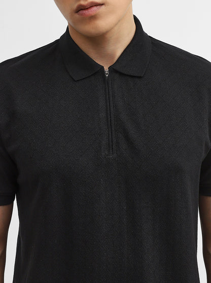 Black Jacquard Slim Fit Polo T-Shirt | JadeBlue