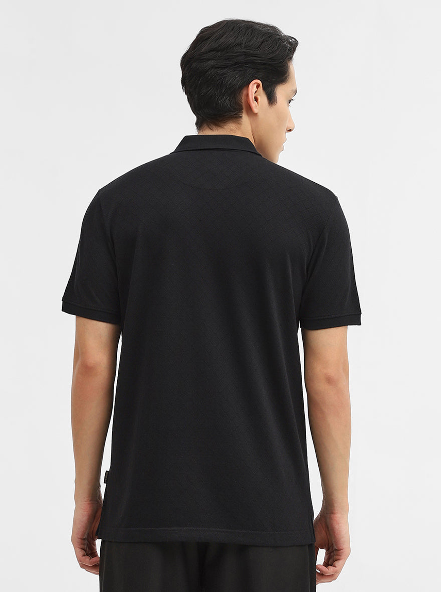 Black Jacquard Slim Fit Polo T-Shirt | JadeBlue