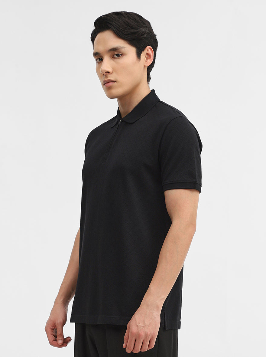 Black Jacquard Slim Fit Polo T-Shirt | JadeBlue