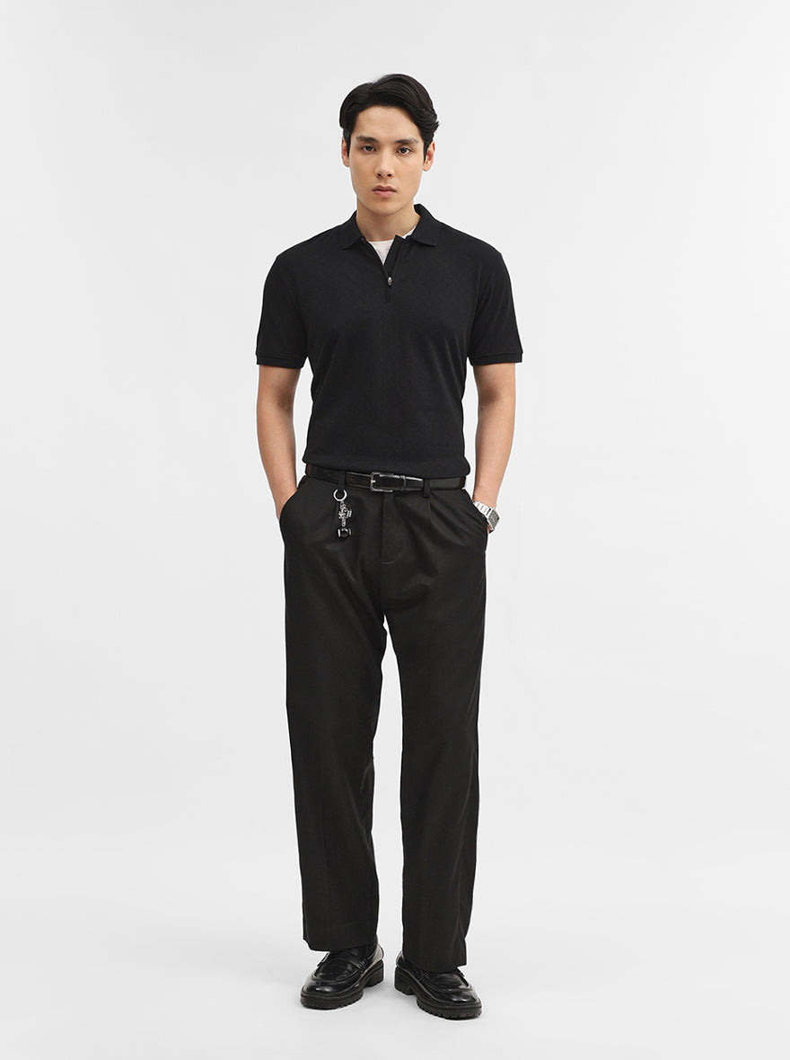 Black Jacquard Slim Fit Polo T-Shirt | JadeBlue