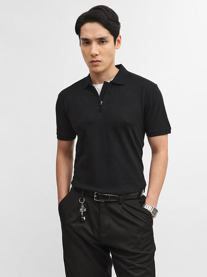 Black Jacquard Slim Fit Polo T-Shirt | JadeBlue