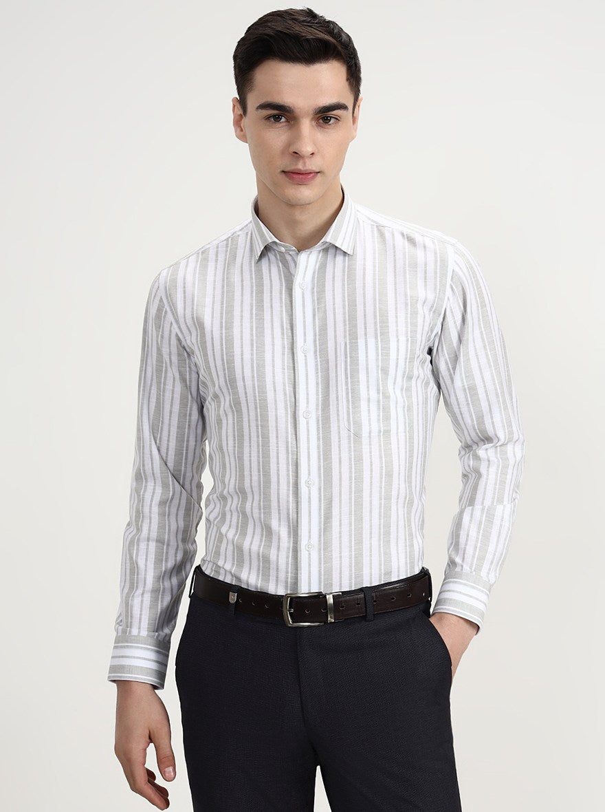 White & Green Striped Slim Fit Formal Shirt | Greenfibre