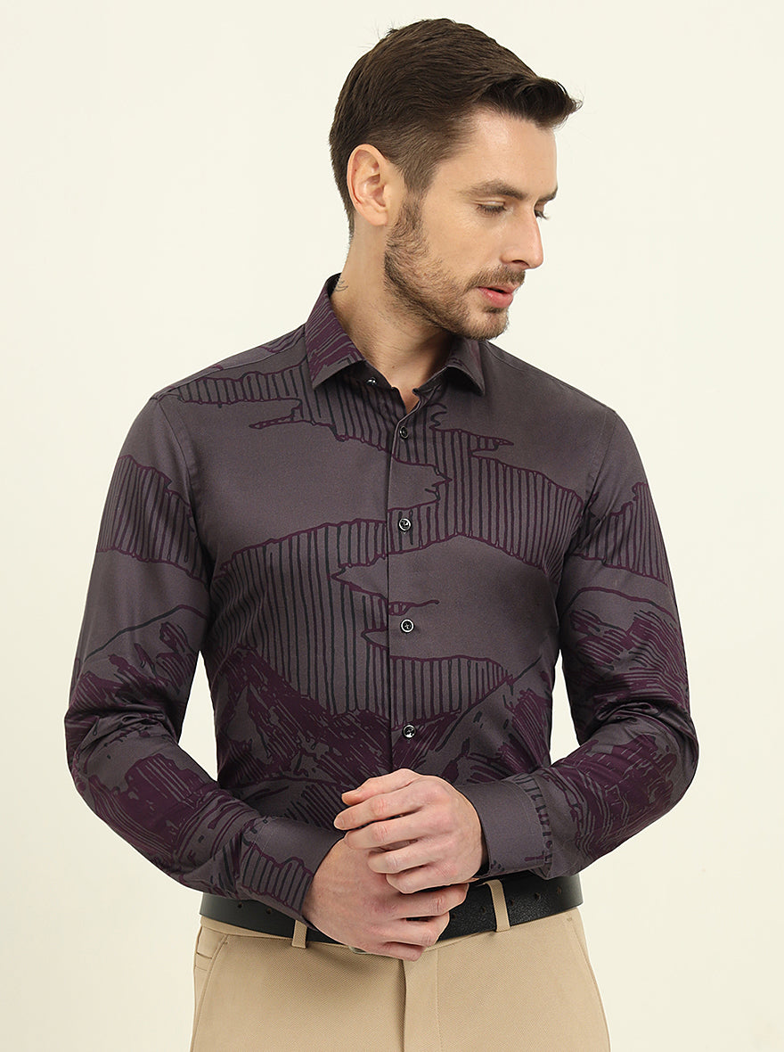 Grey & Purple Printed Slim Fit Party Wear Shirt | Wyre