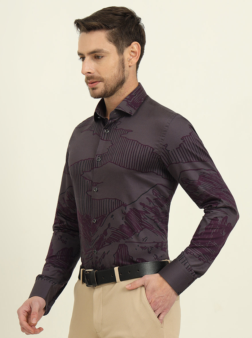 Grey & Purple Printed Slim Fit Party Wear Shirt | Wyre