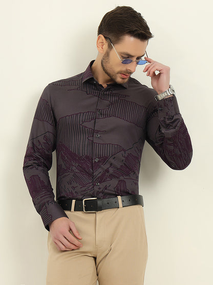 Grey & Purple Printed Slim Fit Party Wear Shirt | Wyre