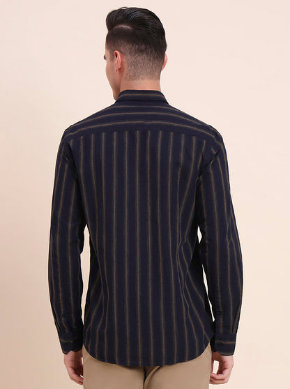 Navy Blue Striped Smart Fit Semi Casual Shirt | Greenfibre