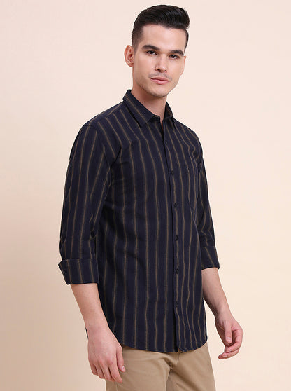 Navy Blue Striped Smart Fit Semi Casual Shirt | Greenfibre