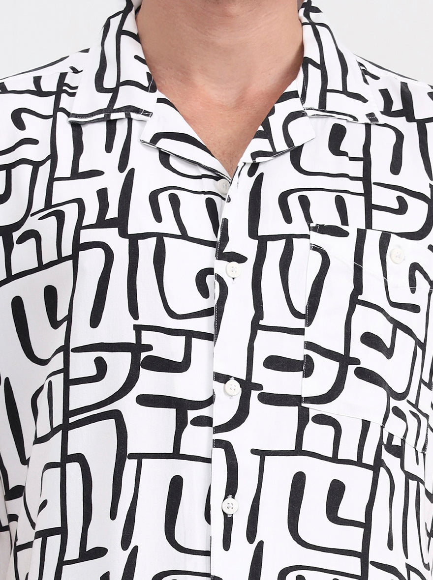 White & Black Printed Slim Fit Casual Shirt | JadeBlue