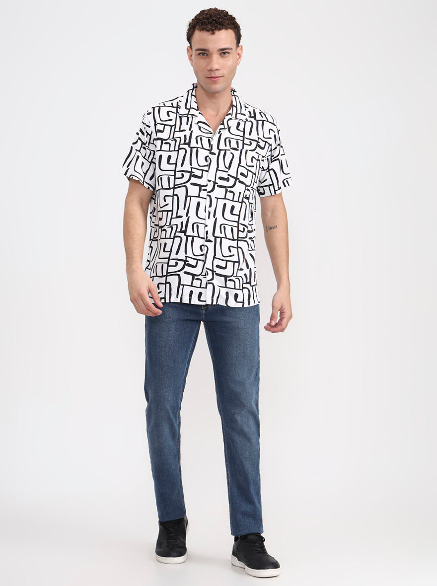 White & Black Printed Slim Fit Casual Shirt | JadeBlue