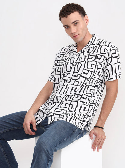White & Black Printed Slim Fit Casual Shirt | JadeBlue