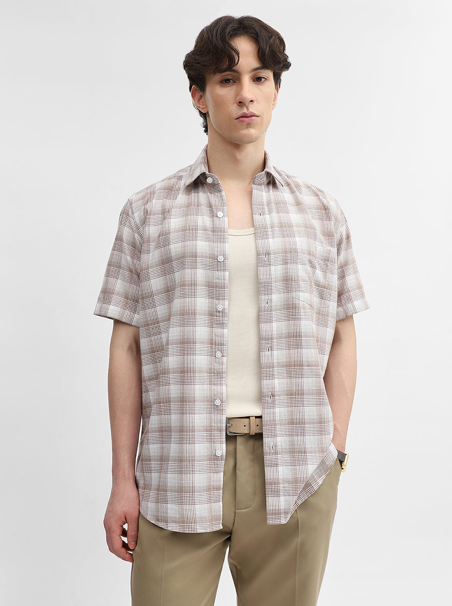 Brown & White Checked Tailored Fit Semi Casual Shirt | JadeBlue