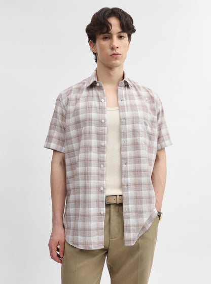 Brown & White Checked Tailored Fit Semi Casual Shirt | JadeBlue