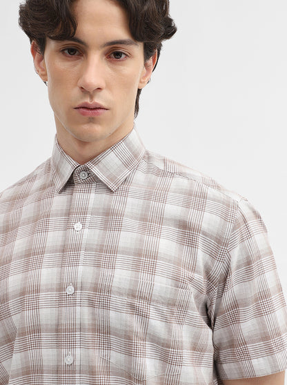 Brown & White Checked Tailored Fit Semi Casual Shirt | JadeBlue