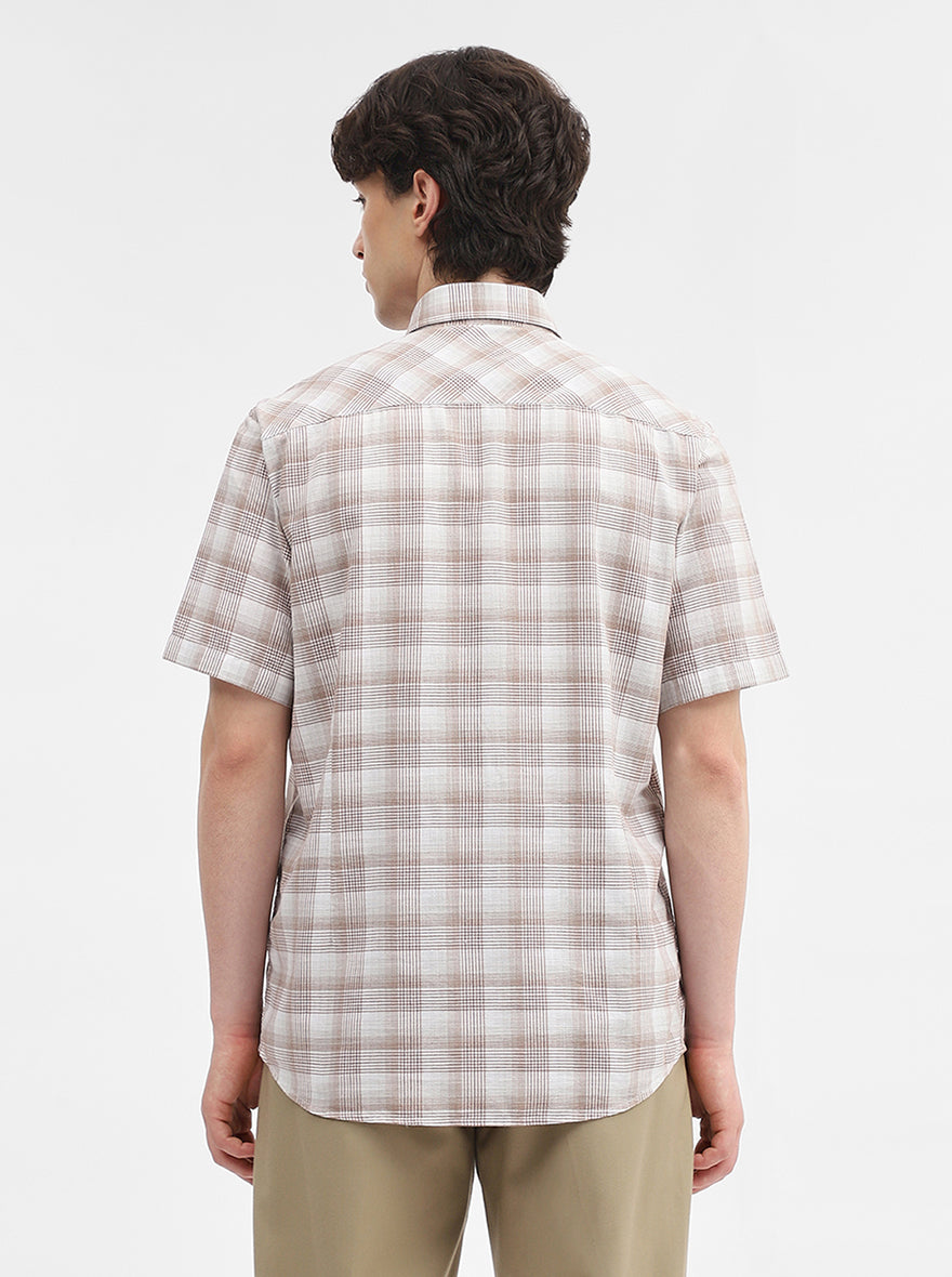 Brown & White Checked Tailored Fit Semi Casual Shirt | JadeBlue