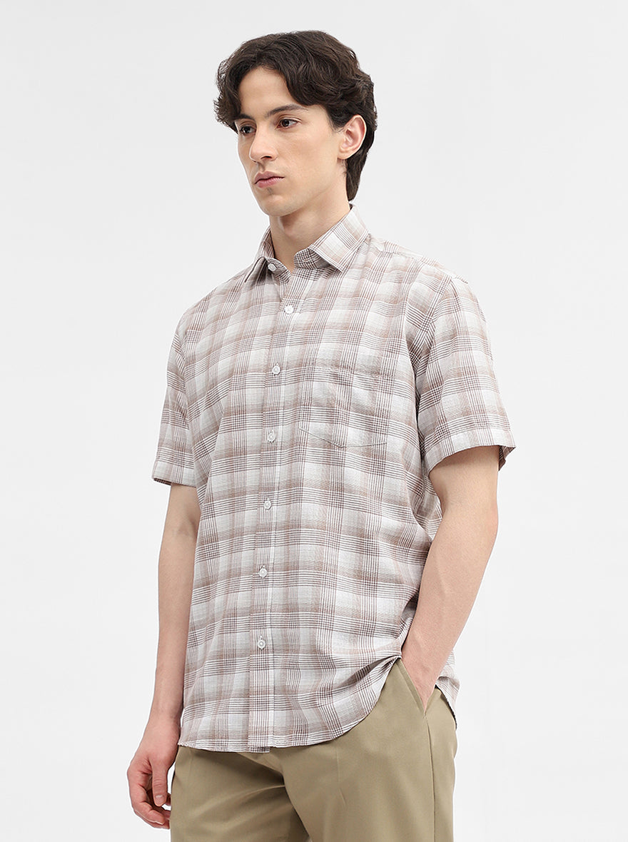 Brown & White Checked Tailored Fit Semi Casual Shirt | JadeBlue
