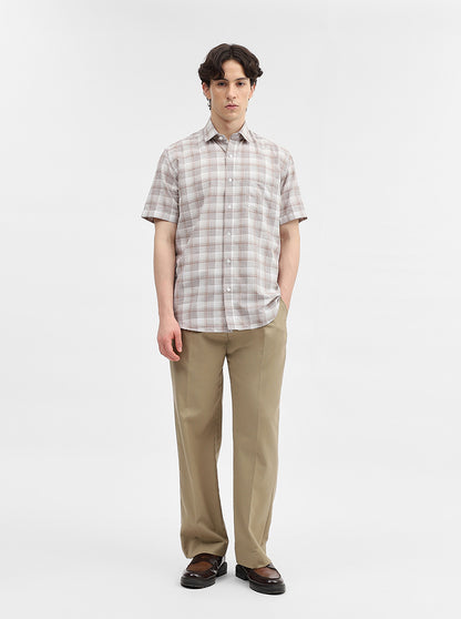 Brown & White Checked Tailored Fit Semi Casual Shirt | JadeBlue
