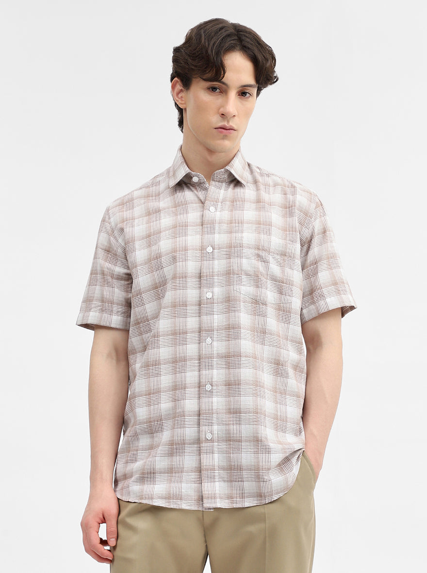 Brown & White Checked Tailored Fit Semi Casual Shirt | JadeBlue