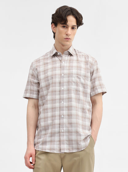 Brown & White Checked Tailored Fit Semi Casual Shirt | JadeBlue