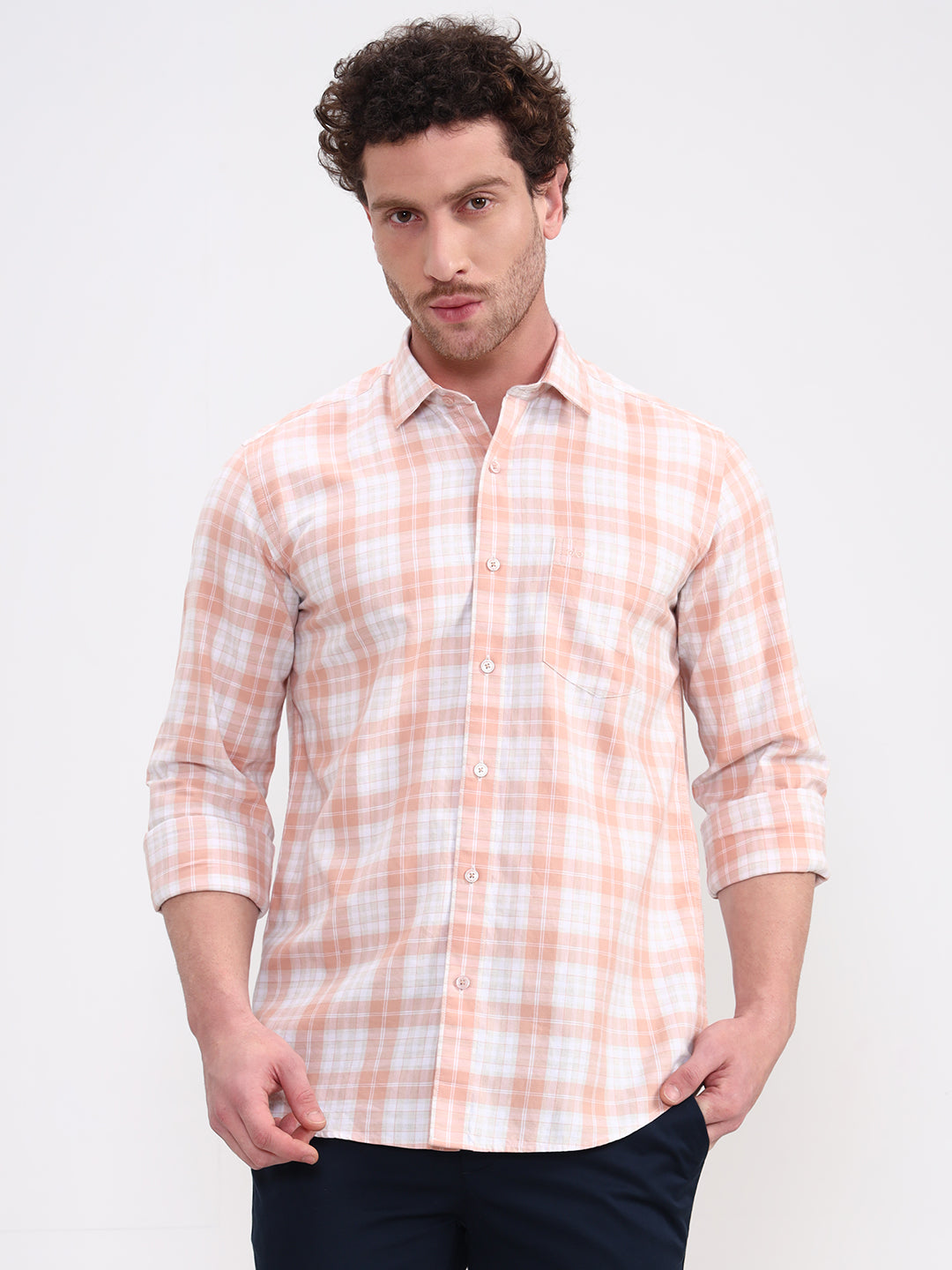 Orange Checked Tailored Fit Semi Casual Shirt | JadeBlue