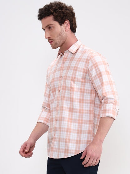 Orange Checked Tailored Fit Semi Casual Shirt | JadeBlue