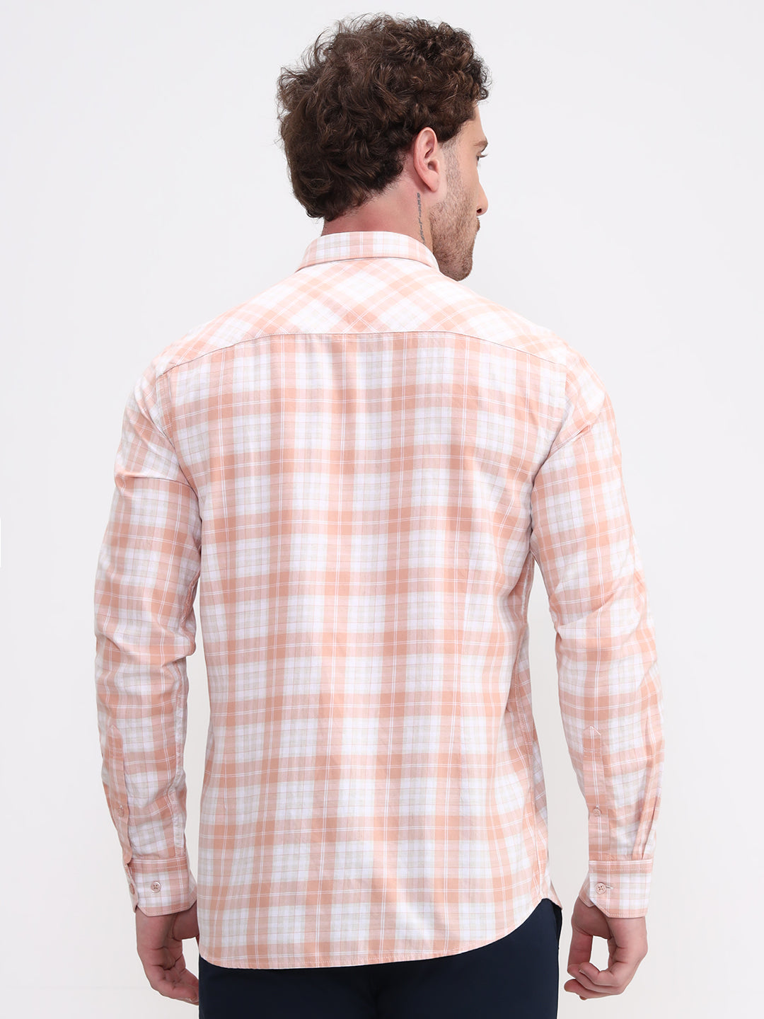 Orange Checked Tailored Fit Semi Casual Shirt | JadeBlue
