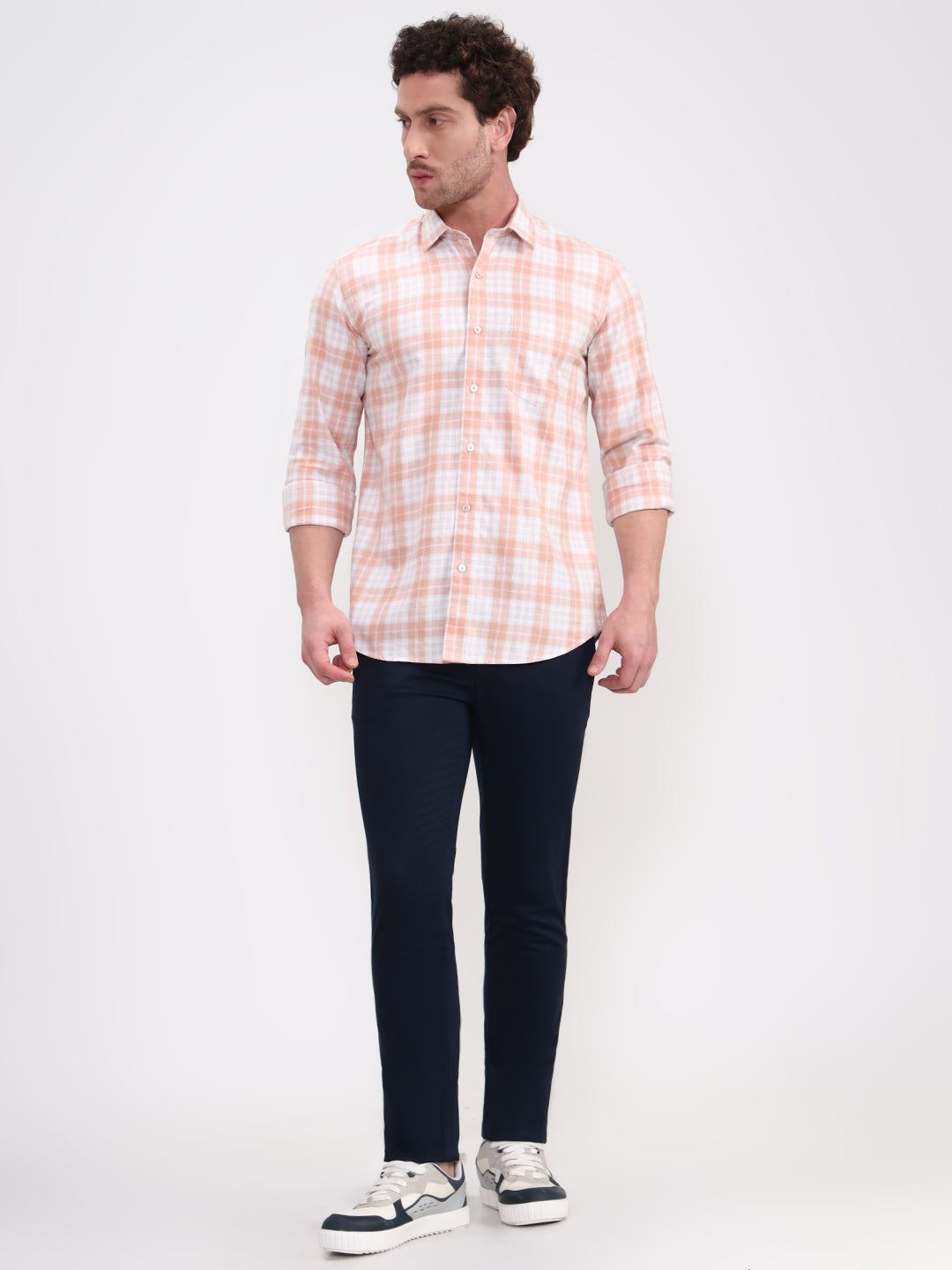Orange Checked Tailored Fit Semi Casual Shirt | JadeBlue
